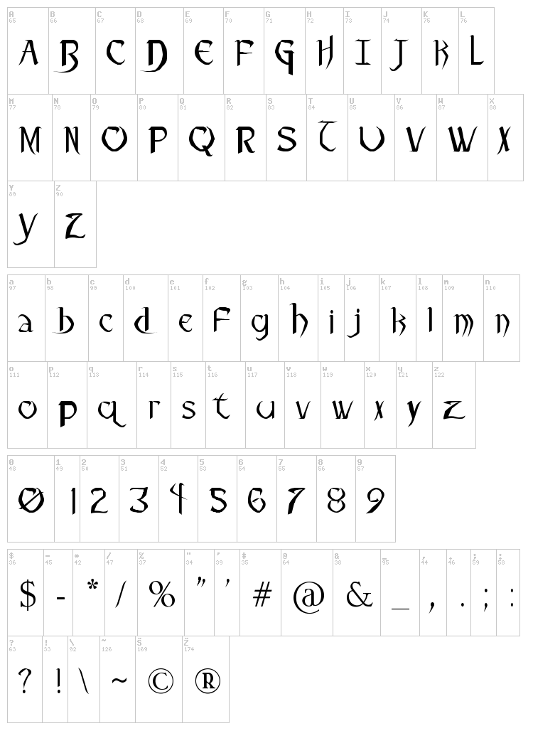 Pauls Heartless font map